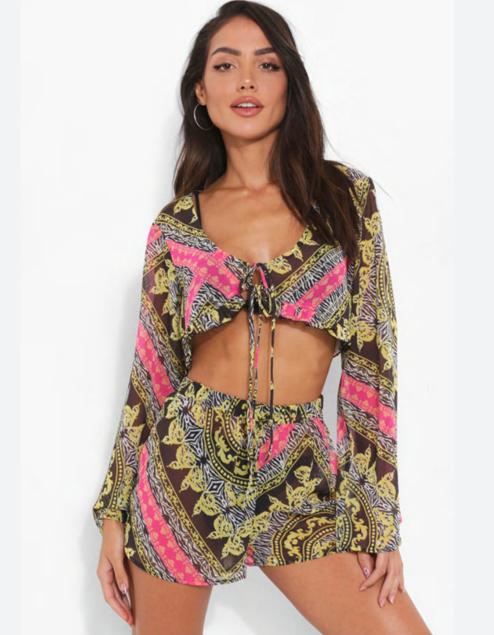 Boohoo Zebra Ruffle Beach Top Womens S Small Tie Front Crop Long Sleeves Boho